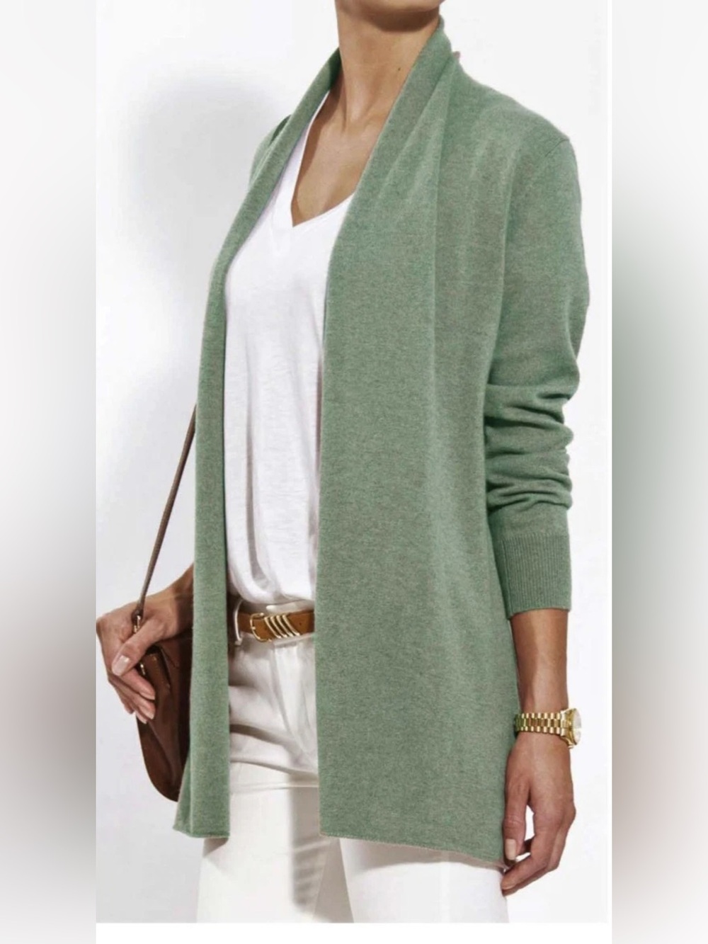 Tahari 100% 2ply Cashmere Open Front Cardigan Sage Green Size L relaxed fit